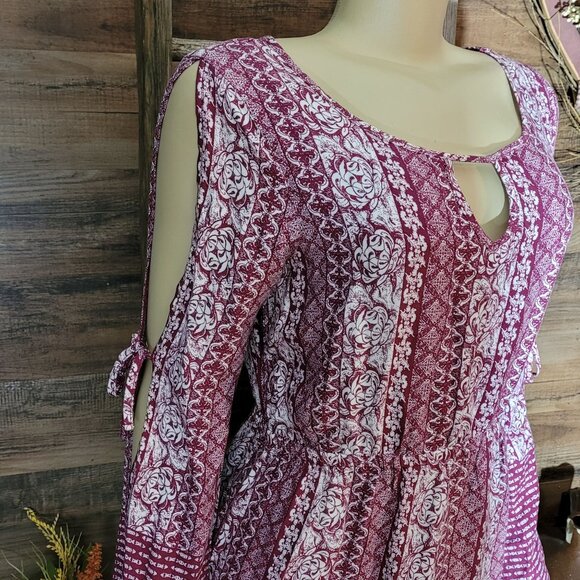Pink Rose Floral Boho Shift Dress Size M Tie Sleeves Stretch Waist Country Girl - Picture 4 of 13